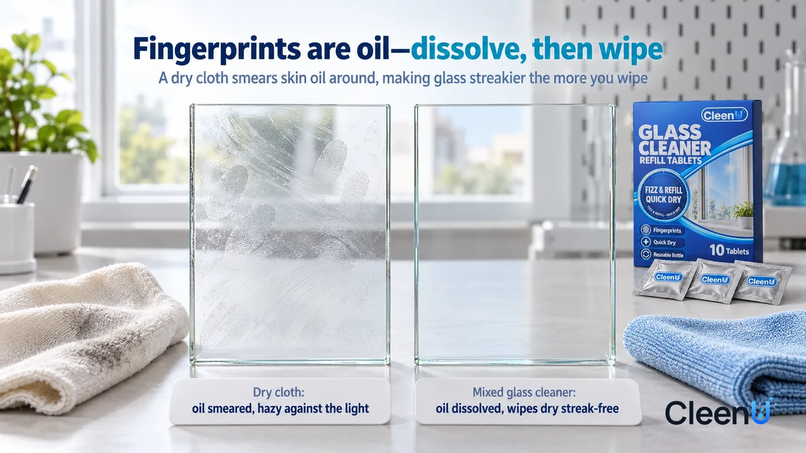 Illustration: CleenU Glass Cleaner Refill Tablets — A landscape medium close-up of a small experiment in a cleaning lab: two identical clear glass samples stand side by side on a white test be Headlin