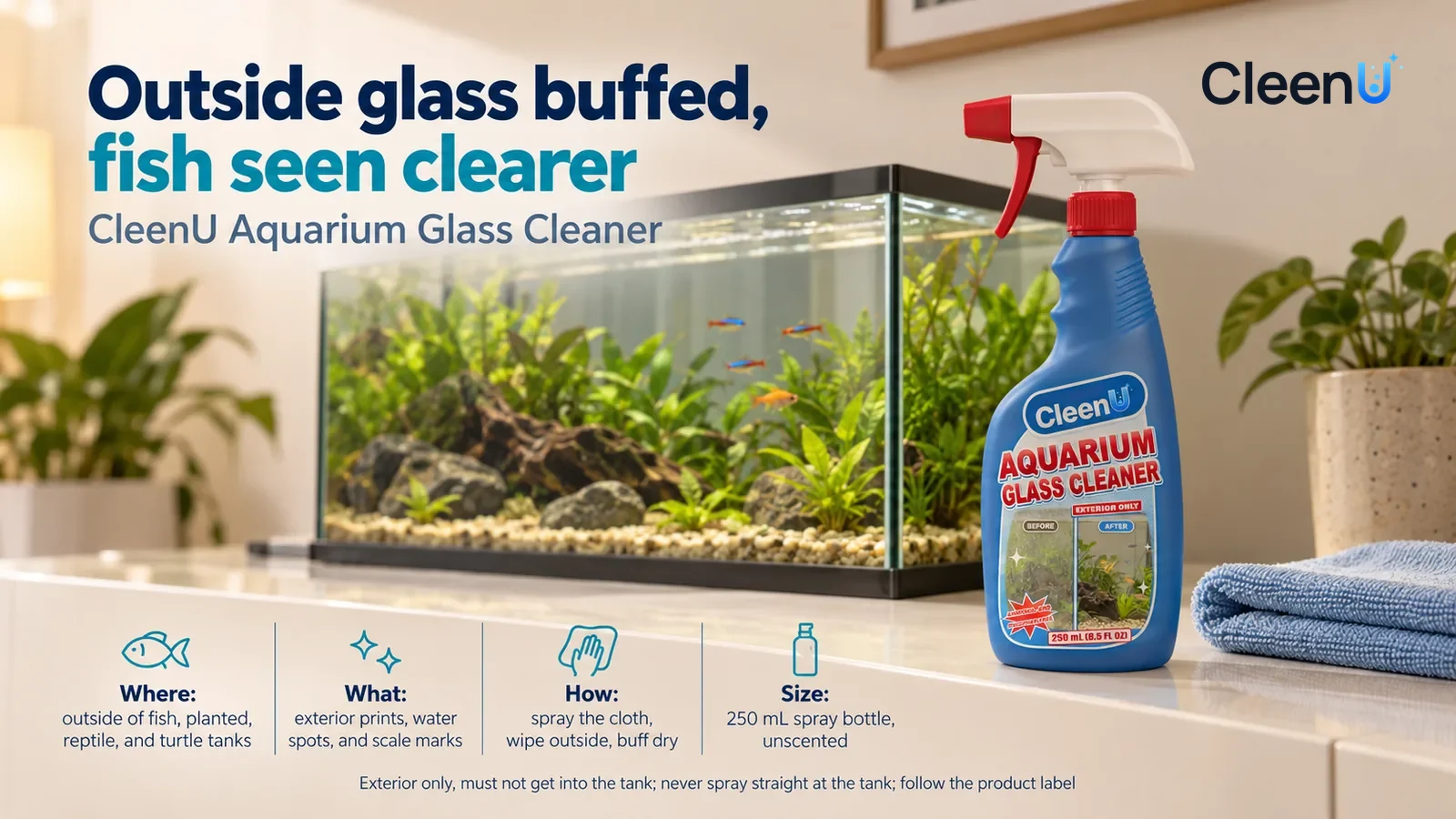 Illustration: CleenU Aquarium Glass Cleaner stands in the right third of the frame on the living-room cabinet, a folded microfiber cloth beside it Headline: "Outside glass buffed, fish seen clearer"