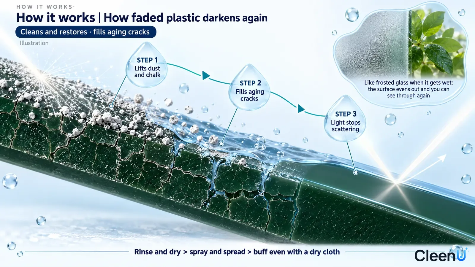 Illustration: A green plastic surface cross-section with gray-white particles, fine cracks and drops.