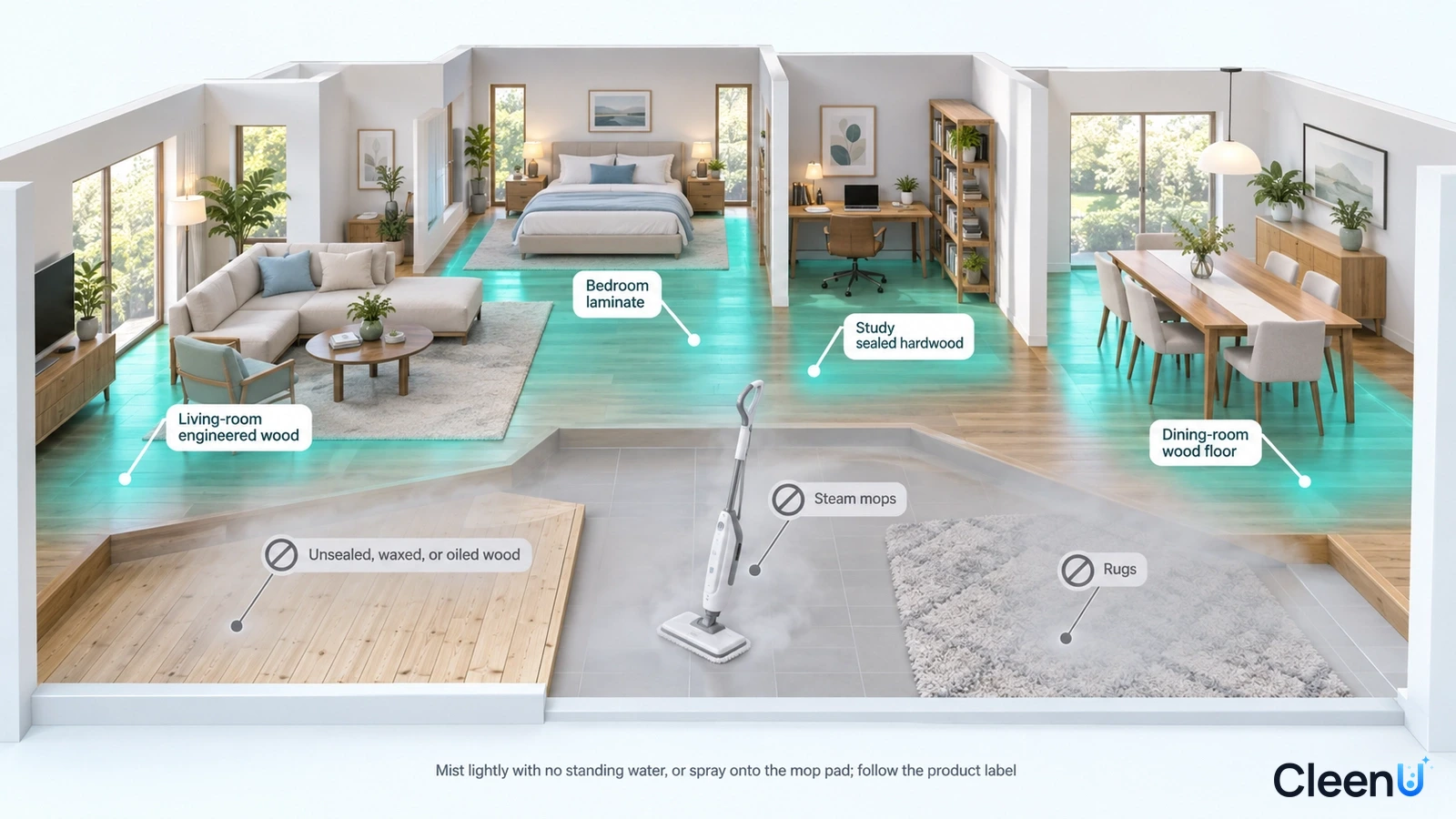 Illustration: Highlighted living-room and bedroom flooring beside material and equipment precautions.