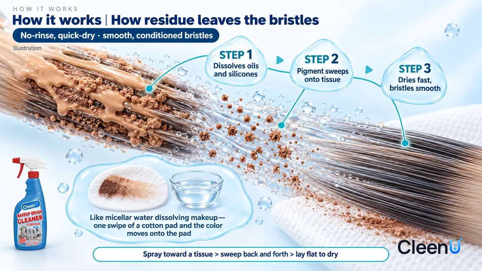 Illustration: CleenU Makeup Brush Cleaner — an enormously magnified lengthwise section of a cluster of makeup brush bristles runs diagonally from upper left to lower right; on the left