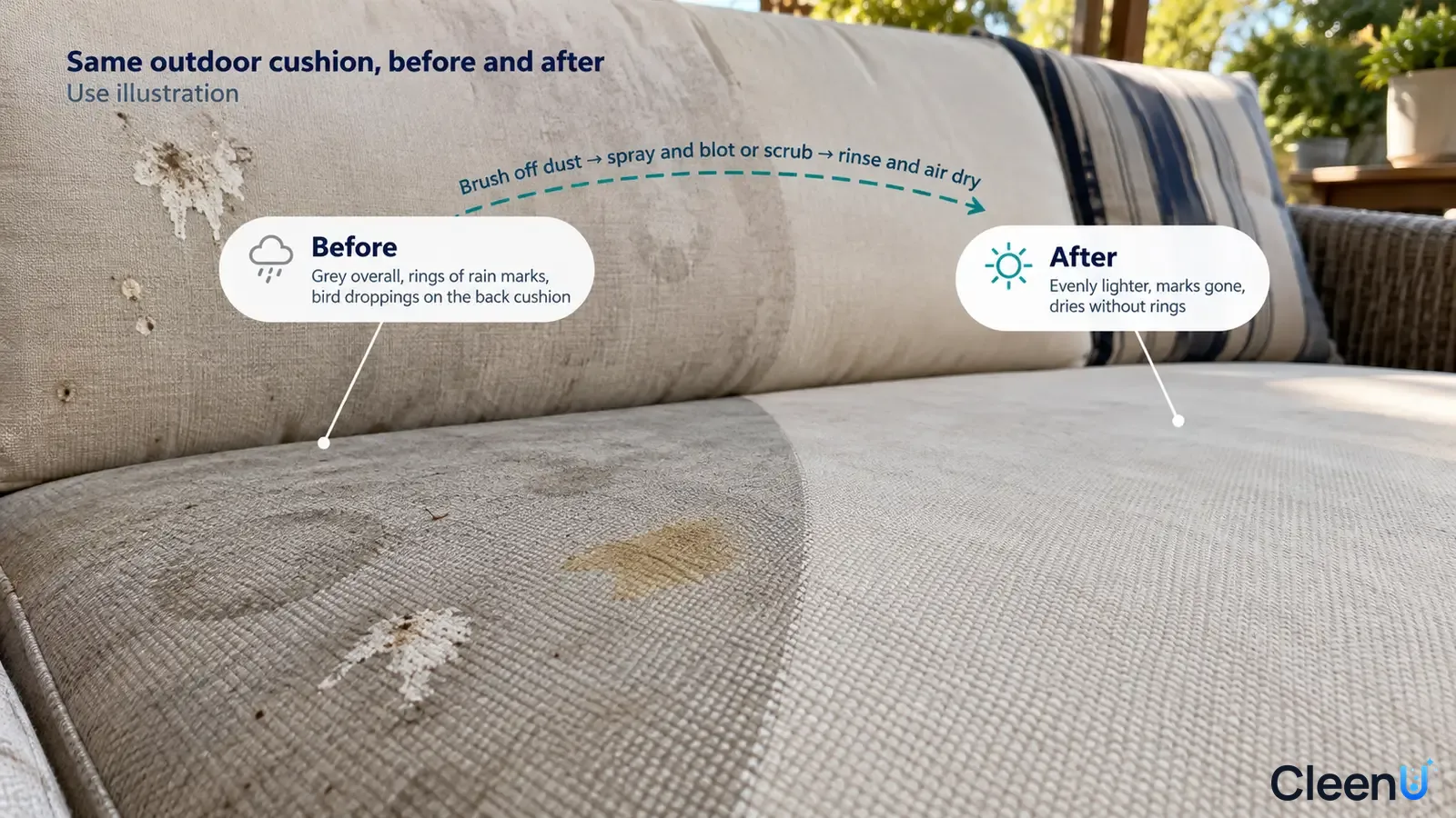 Illustration: Dusty marked and lighter areas on an outdoor cushion; not a measured cleaning test.