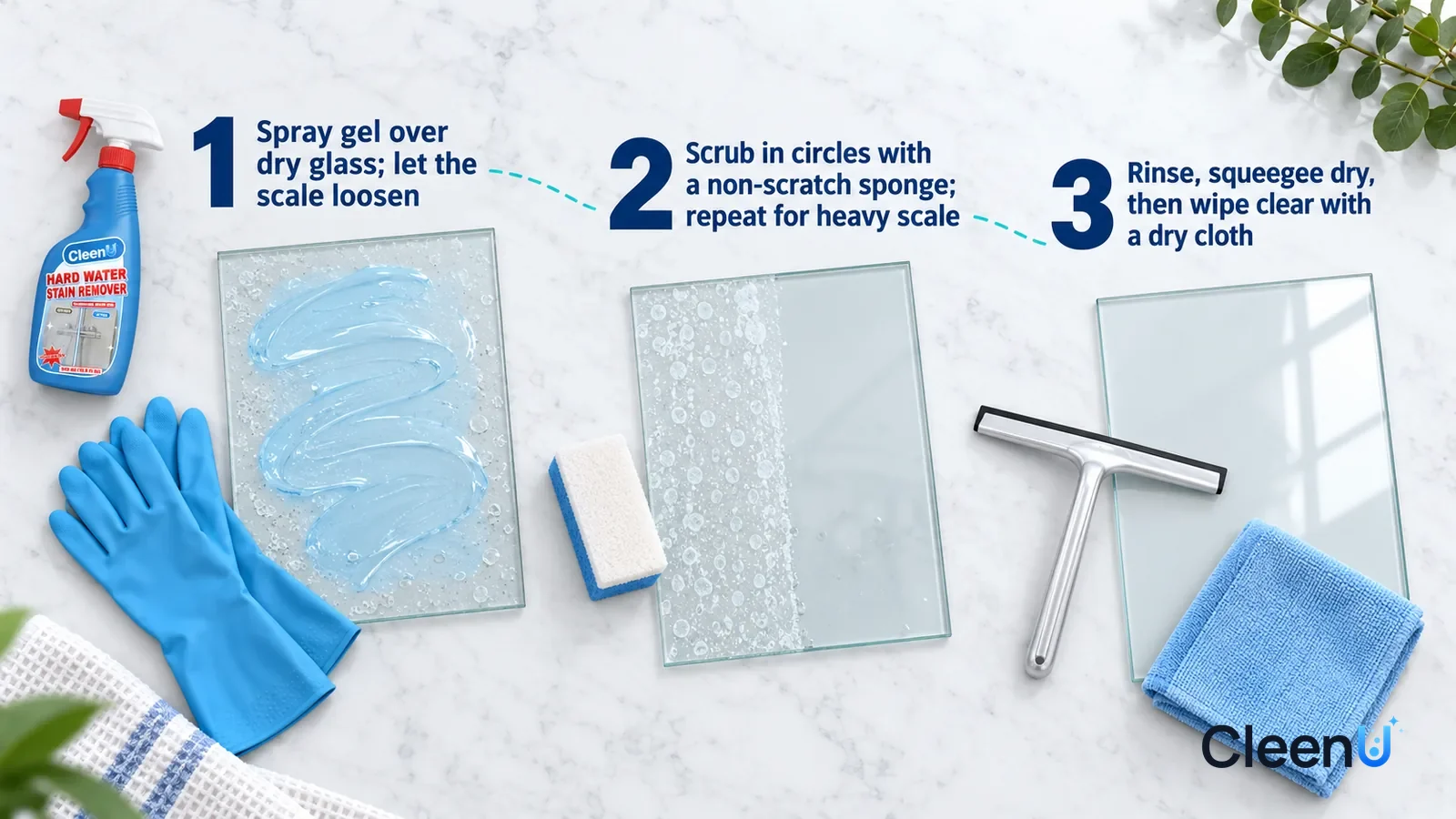 Illustration: CleenU Hard Water Stain Remover — an overhead shot straight down onto a light marble tabletop, no bottle and no hands: (1) a dry glass panel with white water spots coated in