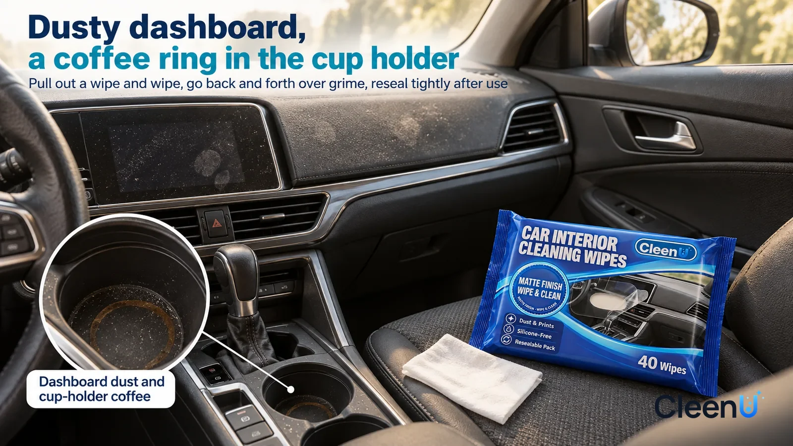 Illustration: CleenU Car Interior Cleaning Wipes — The interior of a parked family car with the engine off (no car badge); in side-window light Headline: "Dusty dashboard, a coffee ring in the cup hol