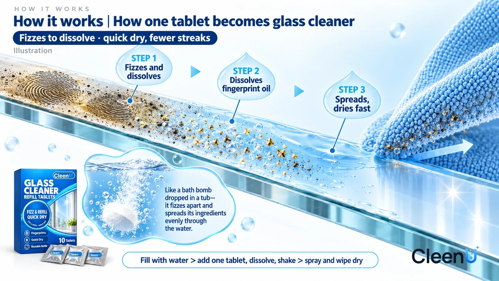 Illustration: CleenU Glass Cleaner Refill Tablets — an enormously magnified slice of glass runs diagonally from upper left to lower right; on the left a layer of fingerprint skin oil and fine