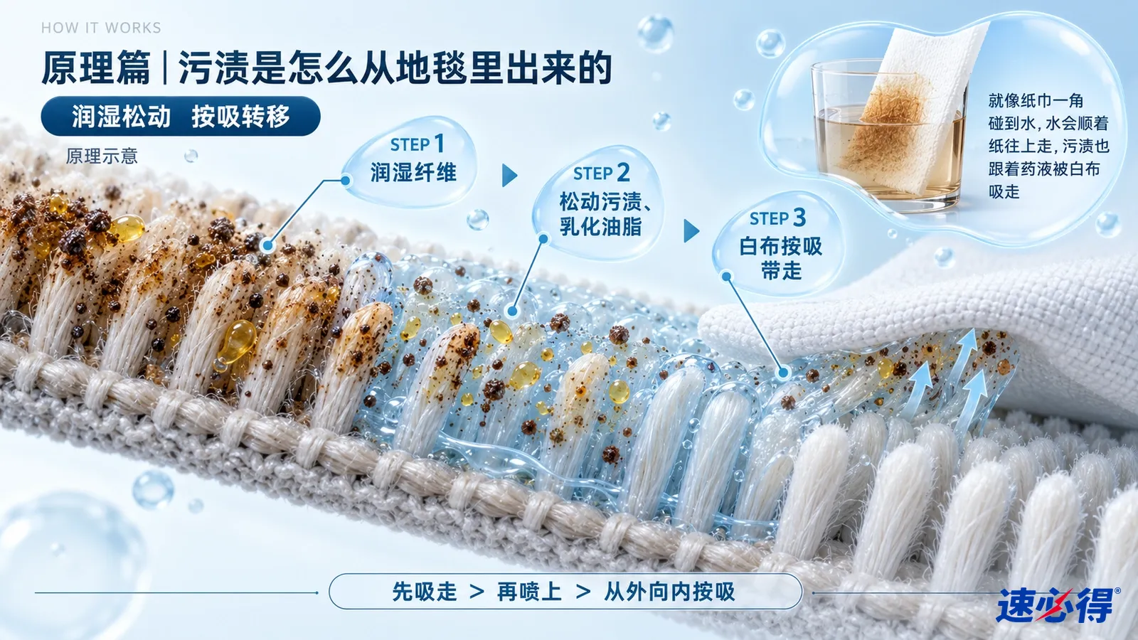示意图:浅色地毯纤维剖面、棕色污渍、液滴和白色布。