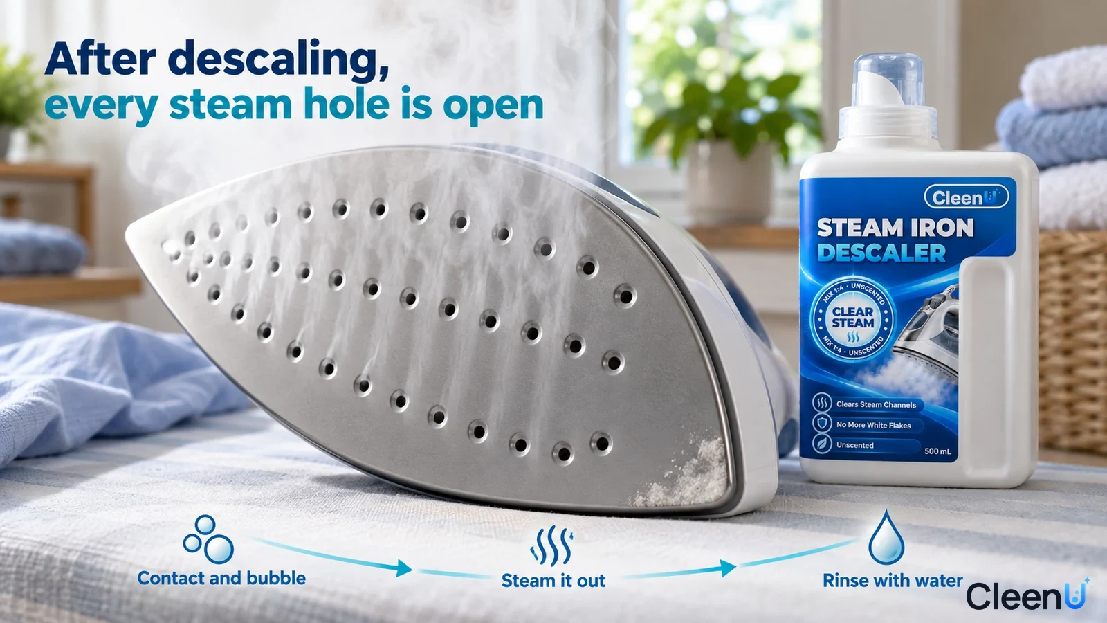 Illustration: Steam holes in an iron soleplate beside a white descaler bottle.