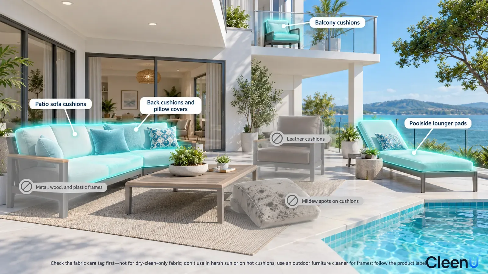 Illustration: Highlighted patio sofa cushions, seat pads and loungers beside fabric precautions.