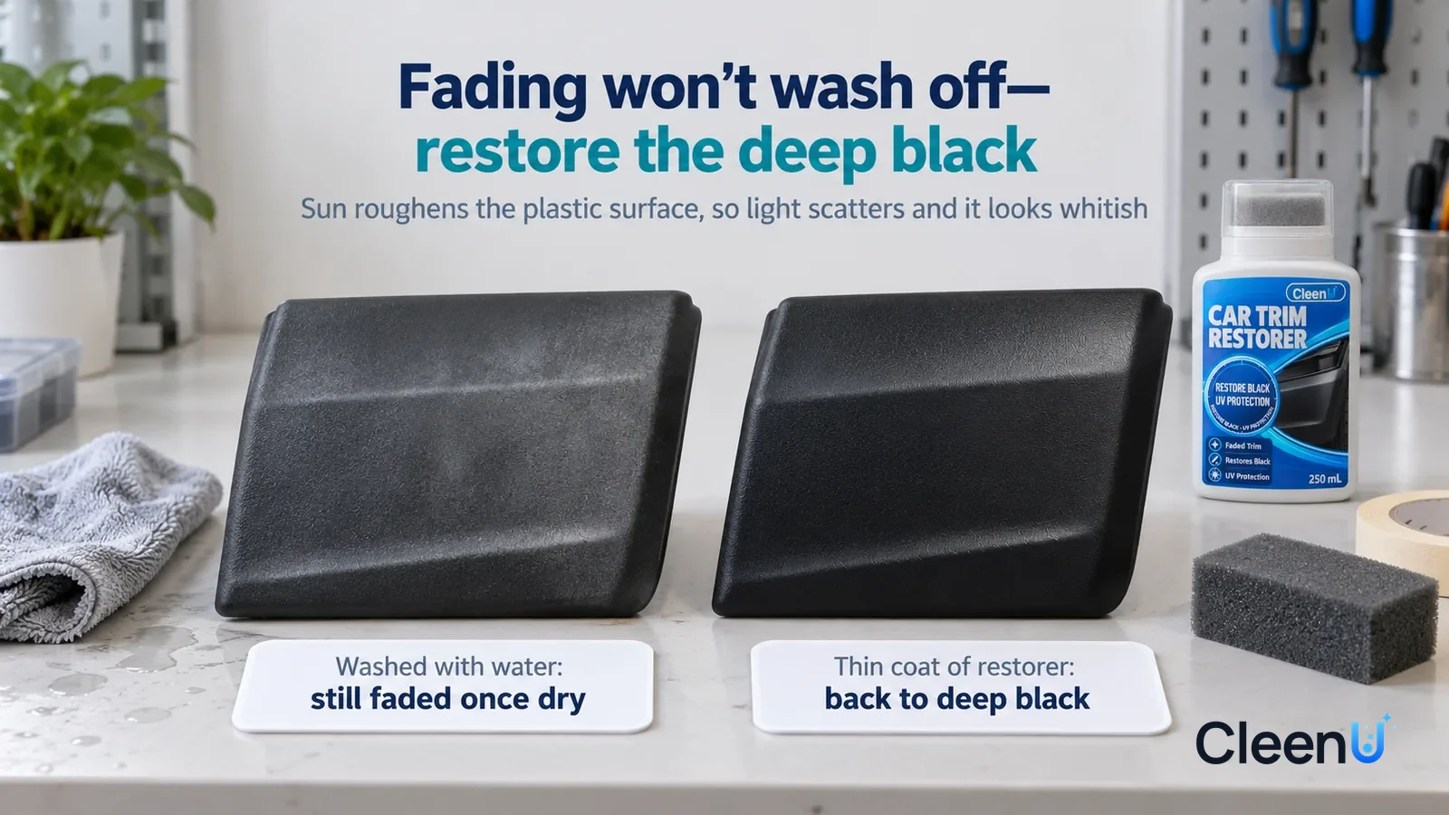 Illustration: CleenU Car Trim Restorer — A landscape medium close-up of a small experiment in a cleaning lab: two identical black car exterior plastic panels side by side on a white Headline: "Fading