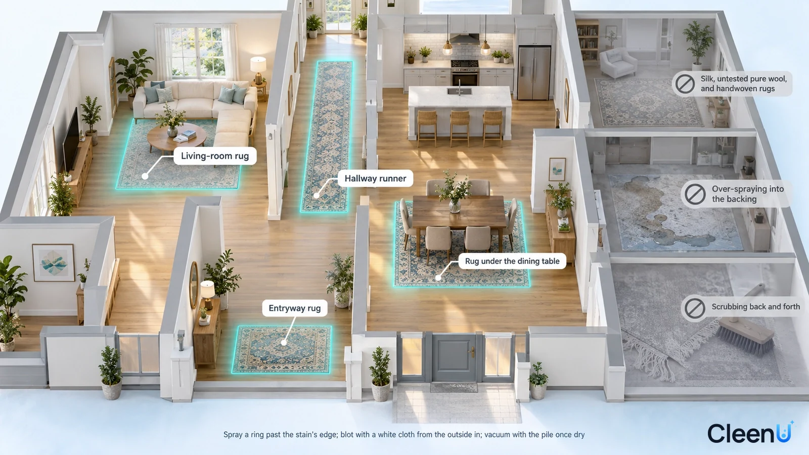Illustration: A cutaway home highlighting living room and hallway rugs beside material precaution icons.