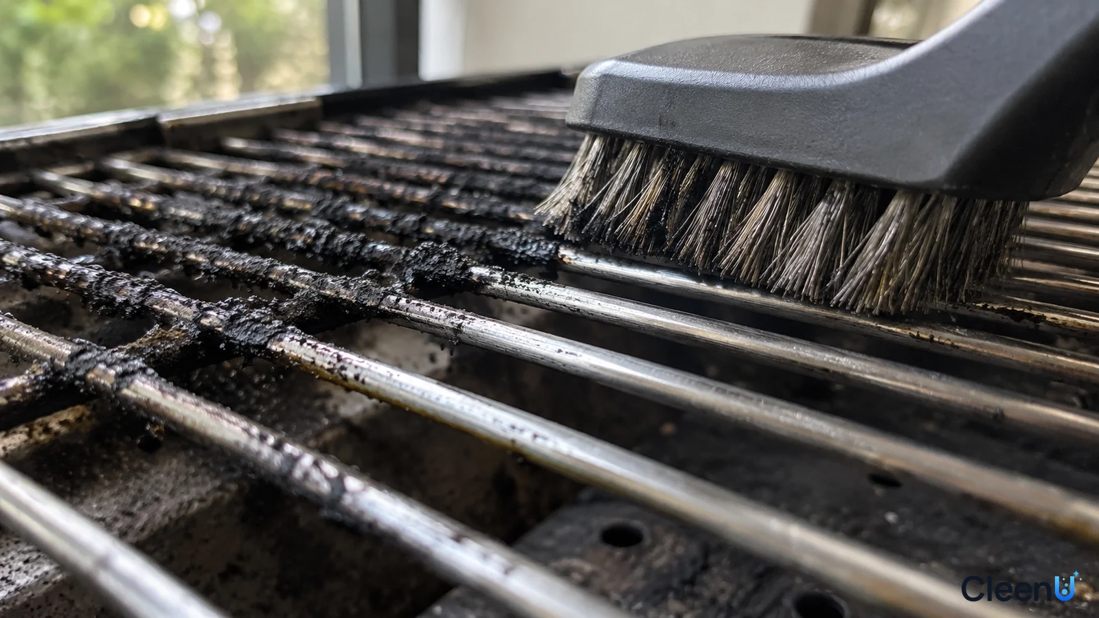 Illustration: Close-up of a brush scrubbing metal grill grates with black burnt-on residue.
