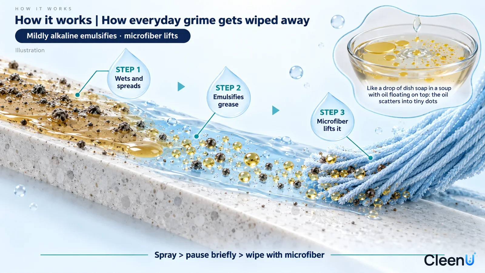 Diagram with a counter cross-section, cleaning cloth, drops and arrows illustrating grime and particle removal.
