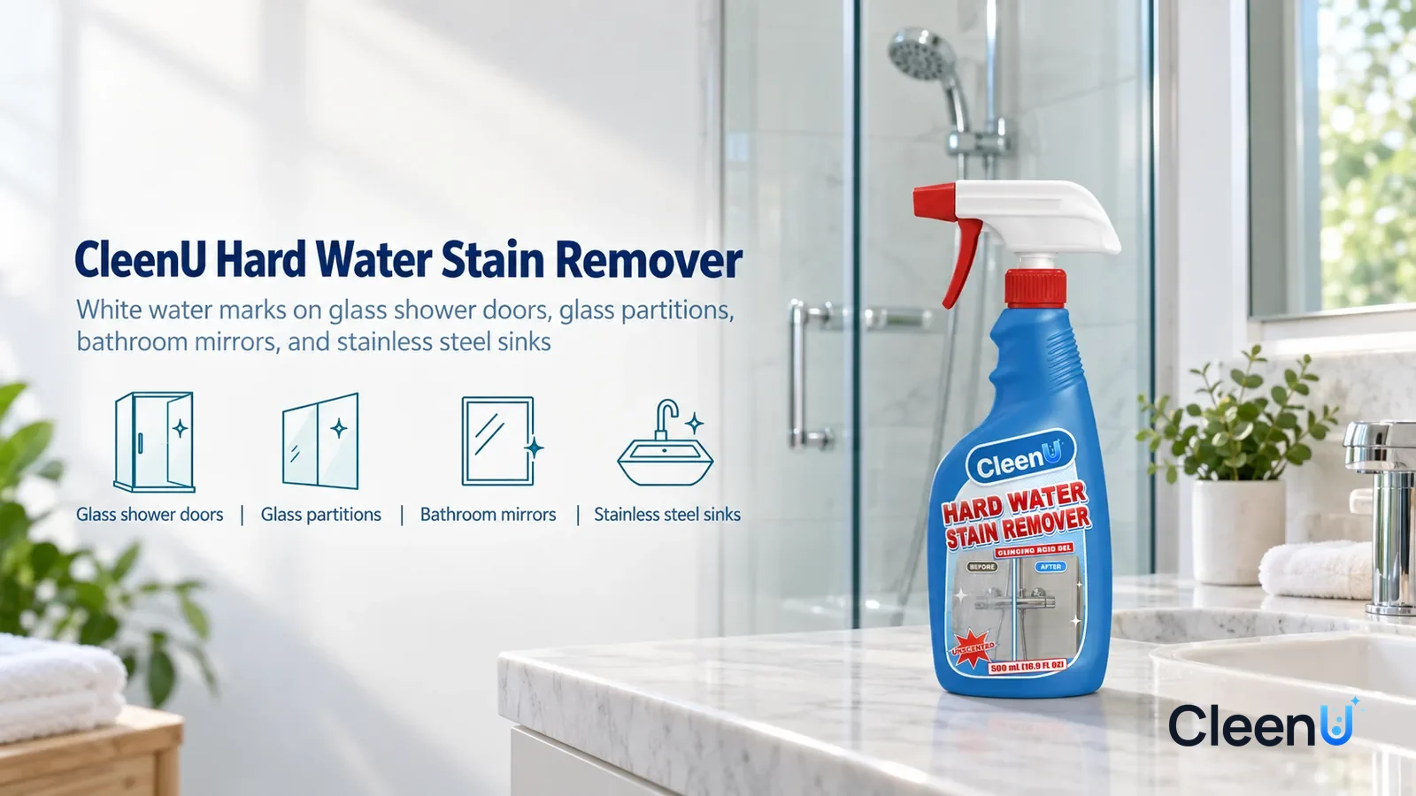 Illustration: CleenU Hard Water Stain Remover — A bright, clean bathroom, a spotless glass shower door with white wall tile and a chrome showerhead visible through it