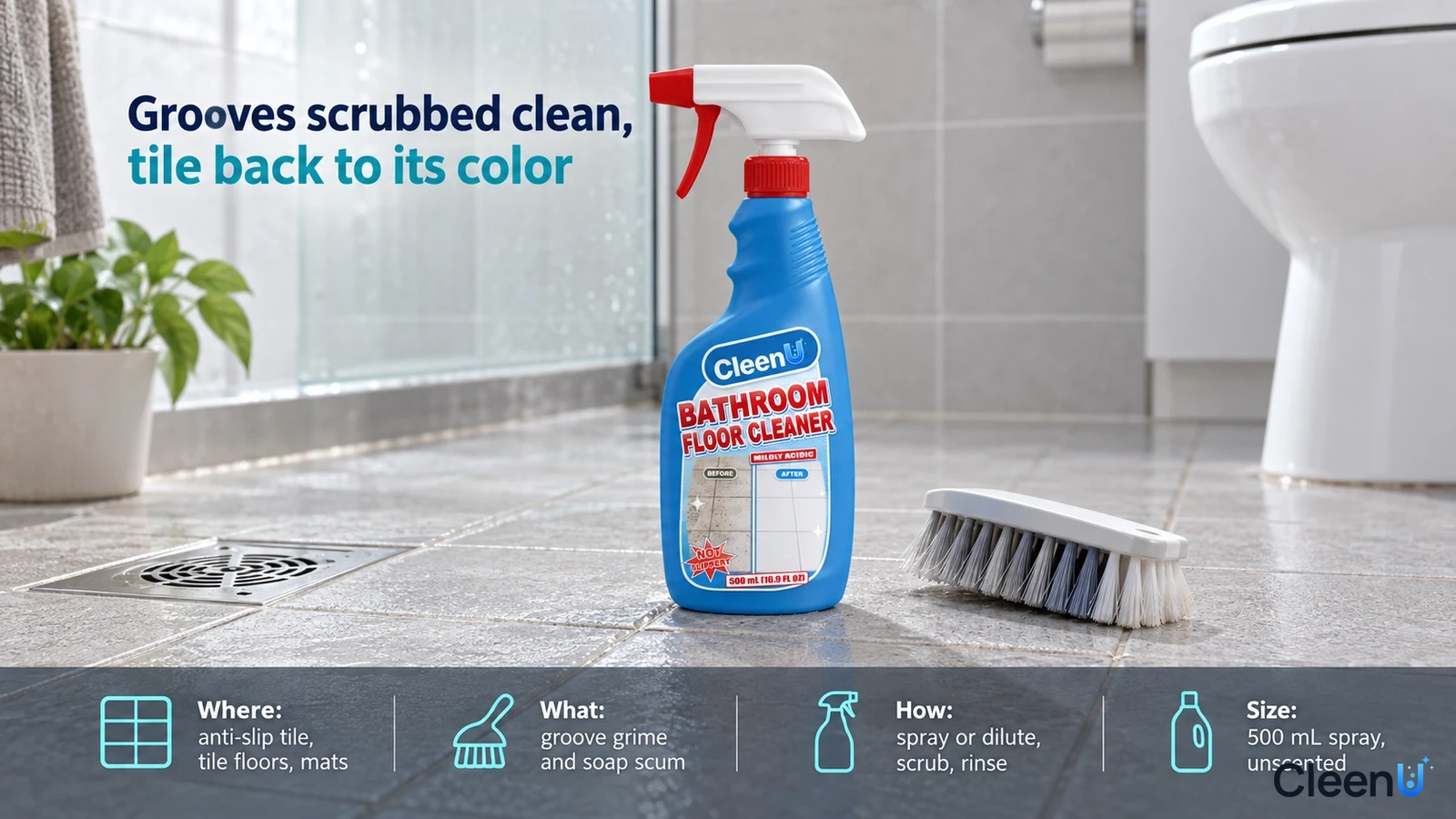 Illustrated bathroom floor cleaner bottle and brush on light tiles beside a floor drain.