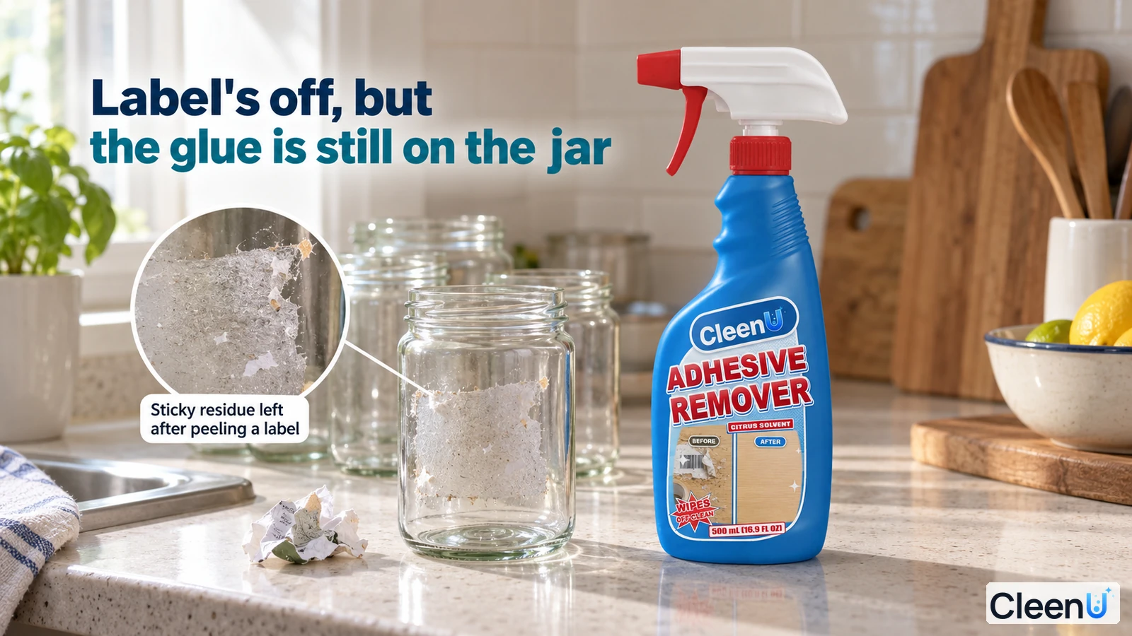 Illustration: Label residue on a glass jar beside a blue adhesive remover bottle and residue close-up.