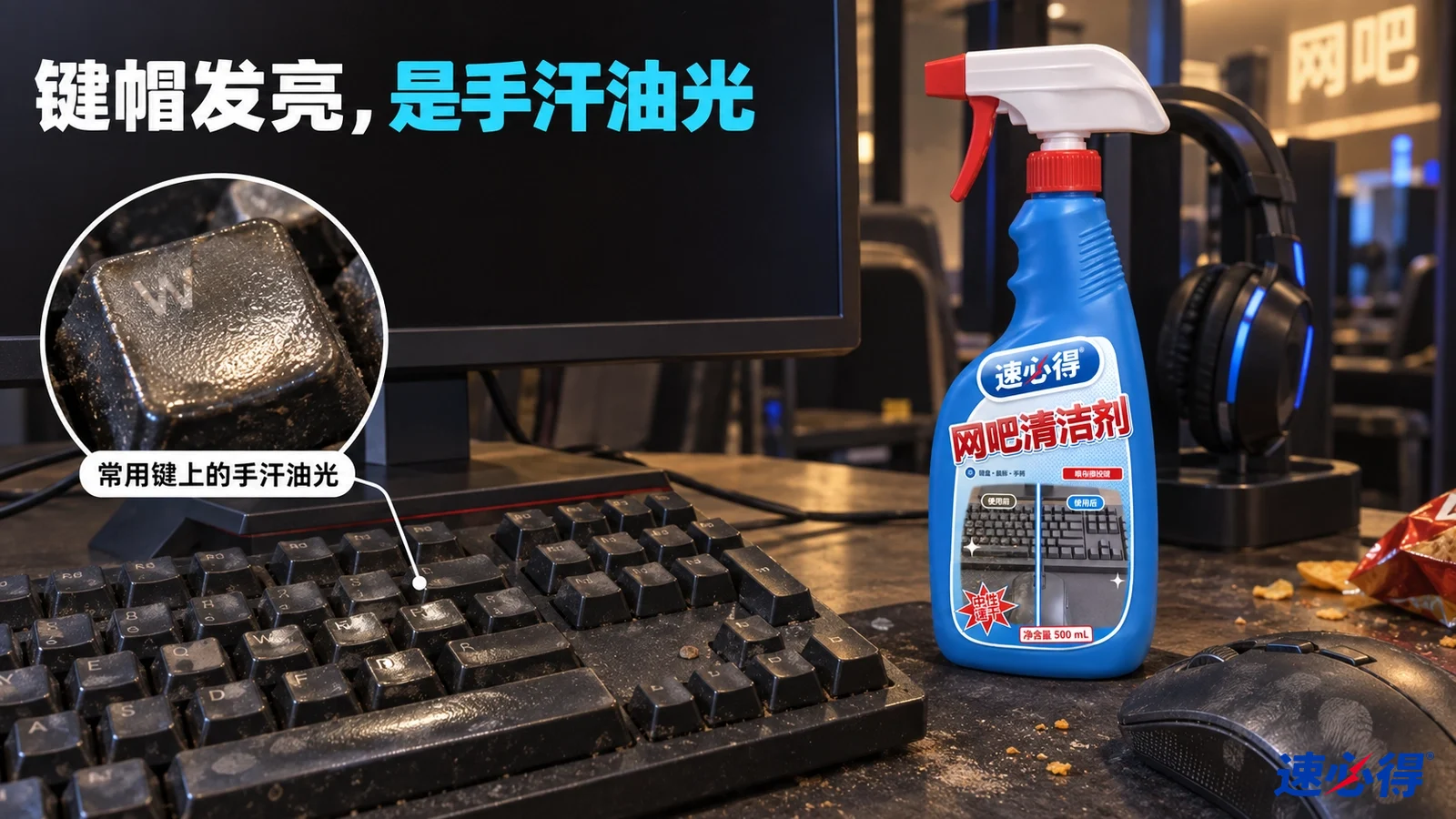 示意图：电脑桌上带油光的黑色键盘、鼠标、耳机和蓝色清洁剂喷瓶。
