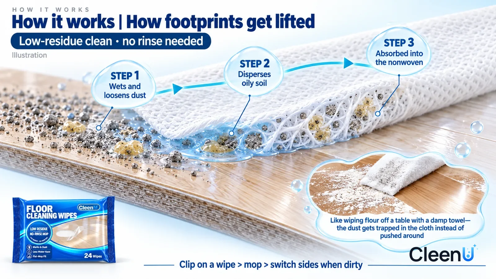 Illustration: CleenU Floor Cleaning Wipes — an enormously magnified slice of laminate flooring runs diagonally from upper left to lower right; on the left a layer of dust particles sit