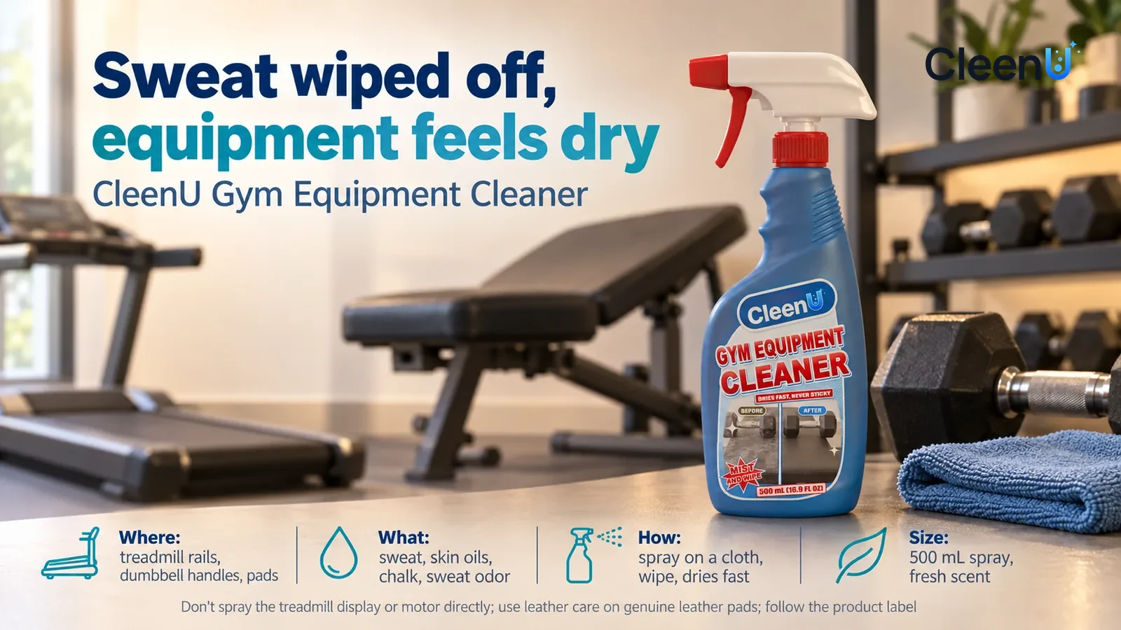 Illustration: CleenU Gym Equipment Cleaner stands in the right third of the frame on the gym-corner equipment shelf Headline: "Sweat wiped off, equipment feels dry"