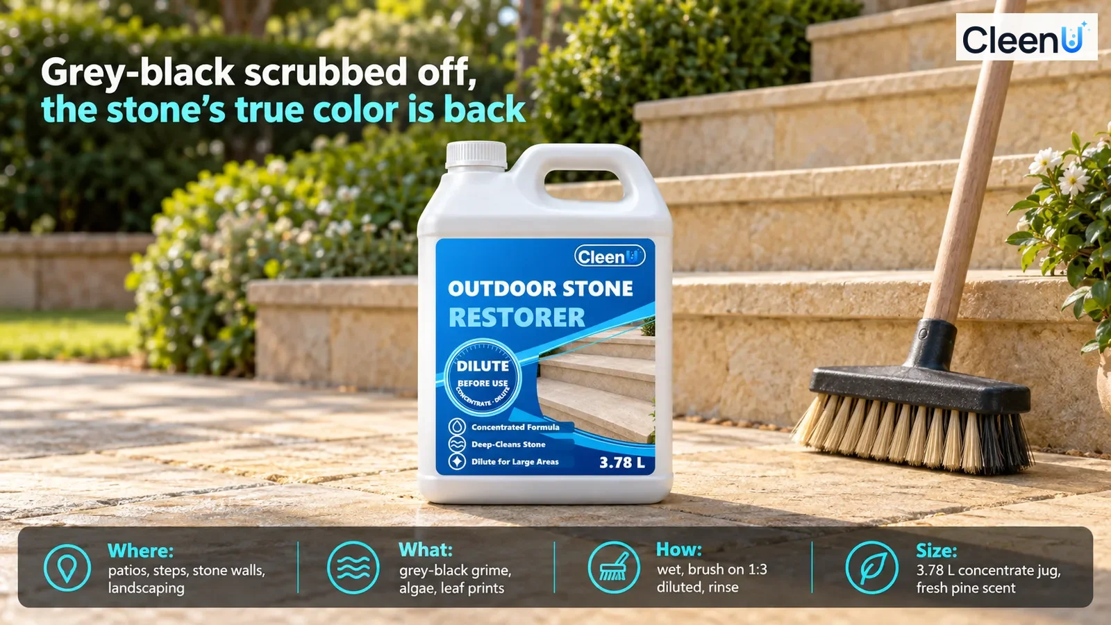 Illustration: A white cleaner jug and long-handled brush beside light stone steps.