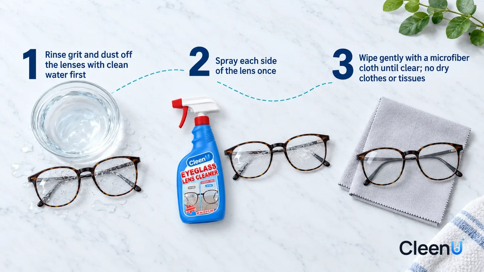 Illustration: CleenU Eyeglass Lens Cleaner — an overhead shot straight down onto a light marble tabletop, no hands: (1) a pair of glasses (no brand marks) just rinsed with water
