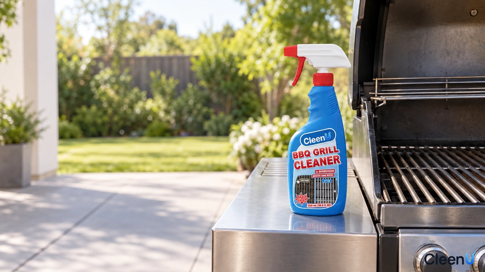 Illustration: A blue grill cleaner bottle on the side shelf of a patio barbecue.