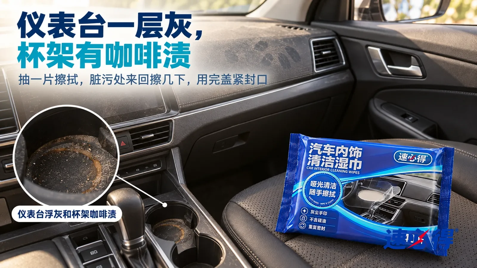 示意图:速必得汽车内饰清洁湿巾——一辆停好熄火的家用车车厢内(没有车标),侧窗光下深色仪表台一层均匀浮灰和几道手指印,标题“仪表台一层灰,杯架有咖啡渍”