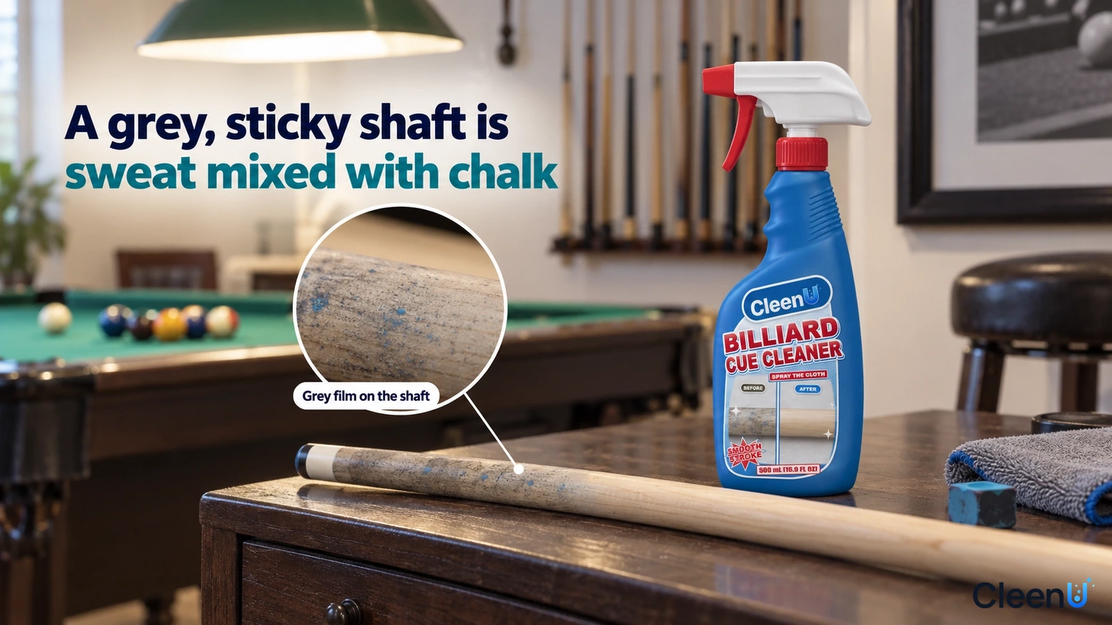 Illustration: Gray residue on a billiard cue shaft beside a blue cleaner bottle.