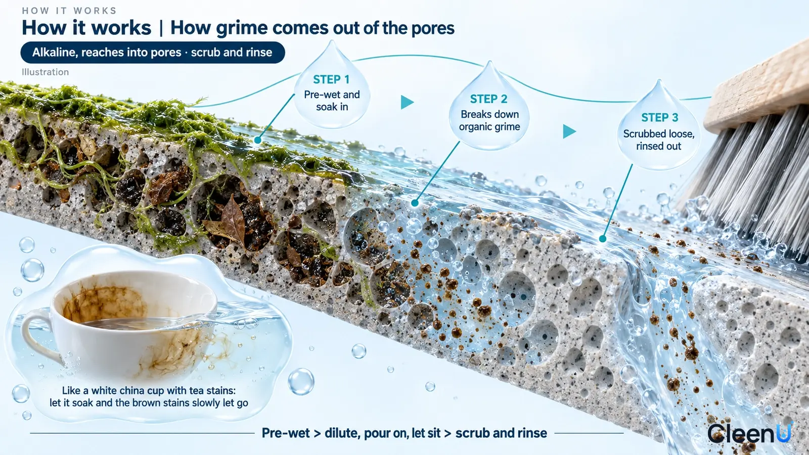 Illustration: A porous stone cross-section with moss, soil particles, water and brush bristles.