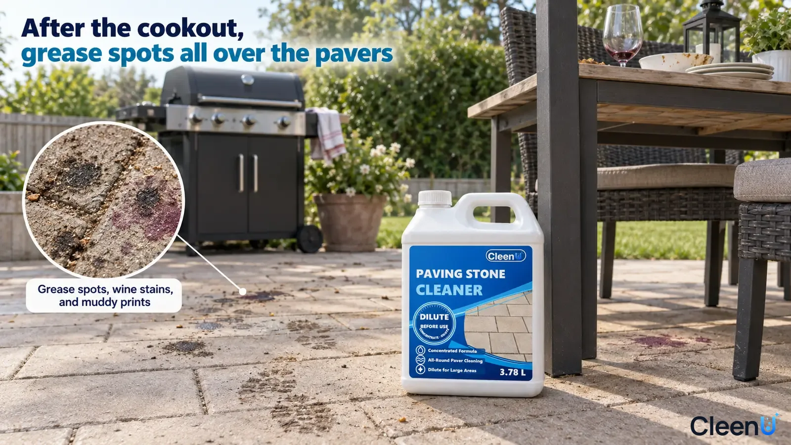 Illustration: Grease spots and red marks on pavers beside a barbecue, dining table and white cleaner jug.