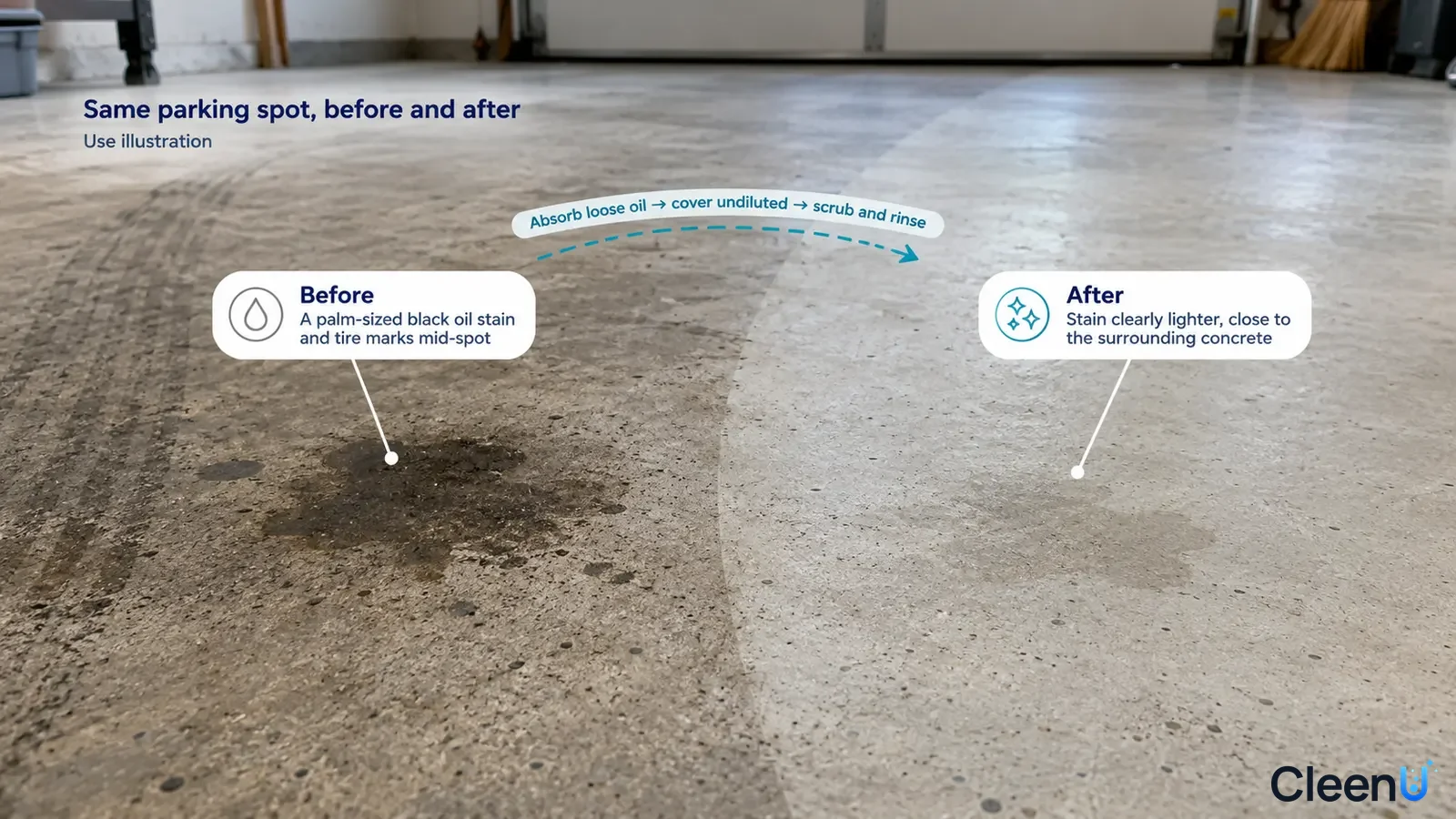 Illustration: A dark oil stain beside a lighter concrete parking area; not a measured cleaning test.