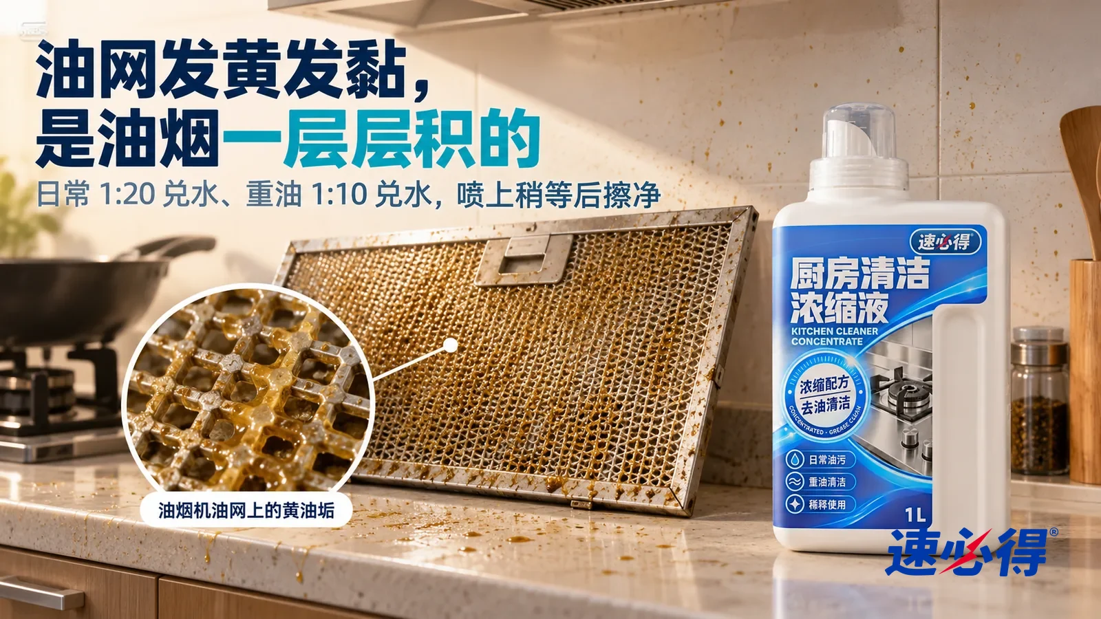 示意图:速必得厨房清洁浓缩液——一个家常厨房,一台抽油烟机的金属油网取下来斜靠在灶台边,侧光斜照下网面一层发黄发黏的油垢清楚可见,标题“油网发黄发黏,是油烟一层层积的”
