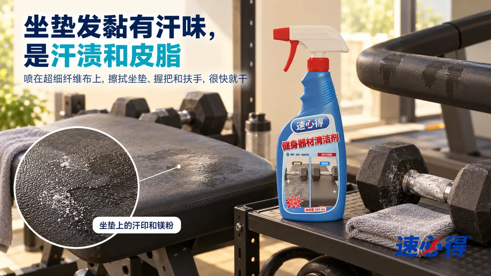 示意图：速必得健身器材清洁剂——家里一个家常的健身角，一张黑色人造革训练凳、一副哑铃和一台跑步机的扶手（都没有品牌标志），窗光侧照下坐垫上一片发亮的汗印，标题“坐垫发黏有汗味，是汗渍和皮脂”