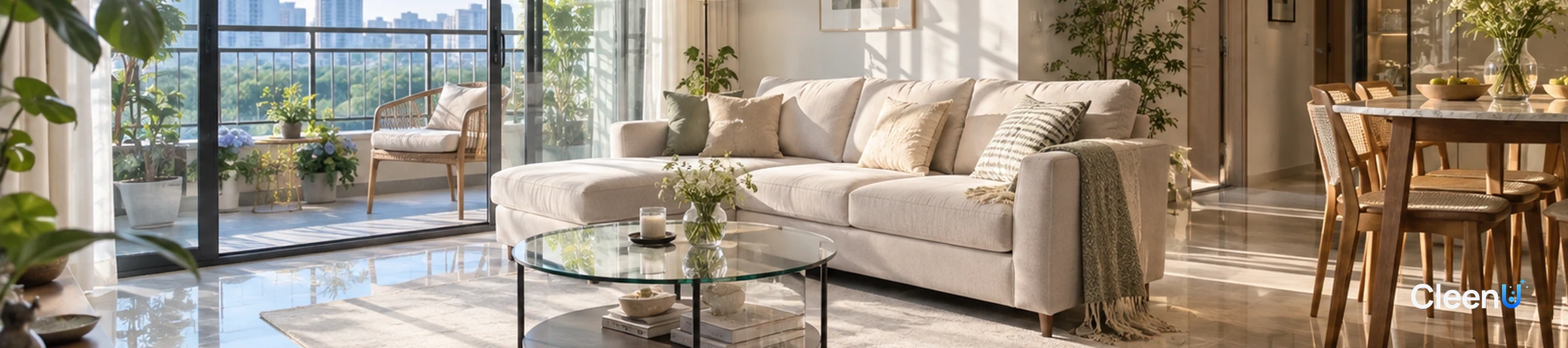 Bright living-room illustration with glass sliding doors, a sofa and a glass coffee table.