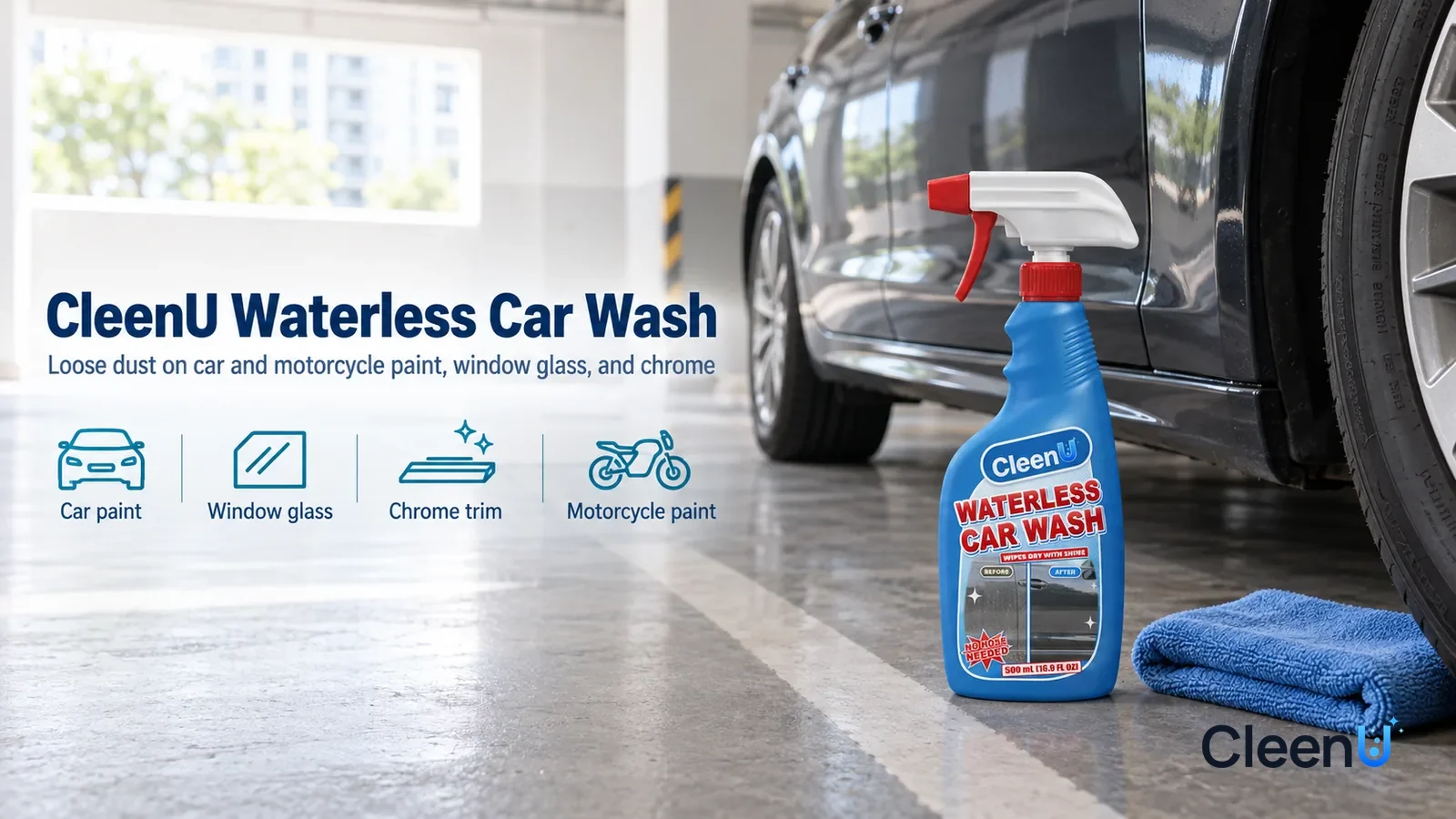 Illustration: CleenU Waterless Car Wash — A bright, tidy spot in an apartment parking garage, a dark family sedan (no logos