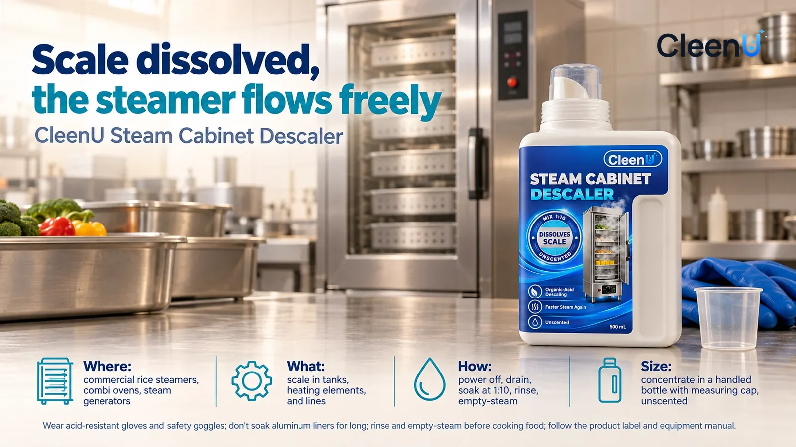 Illustration: CleenU Steam Cabinet & Combi Oven Descaler, measuring cap on, stands in the right third of the frame on the back-kitchen stainless-steel worktable Headline: "Scale dissolved, the steamer