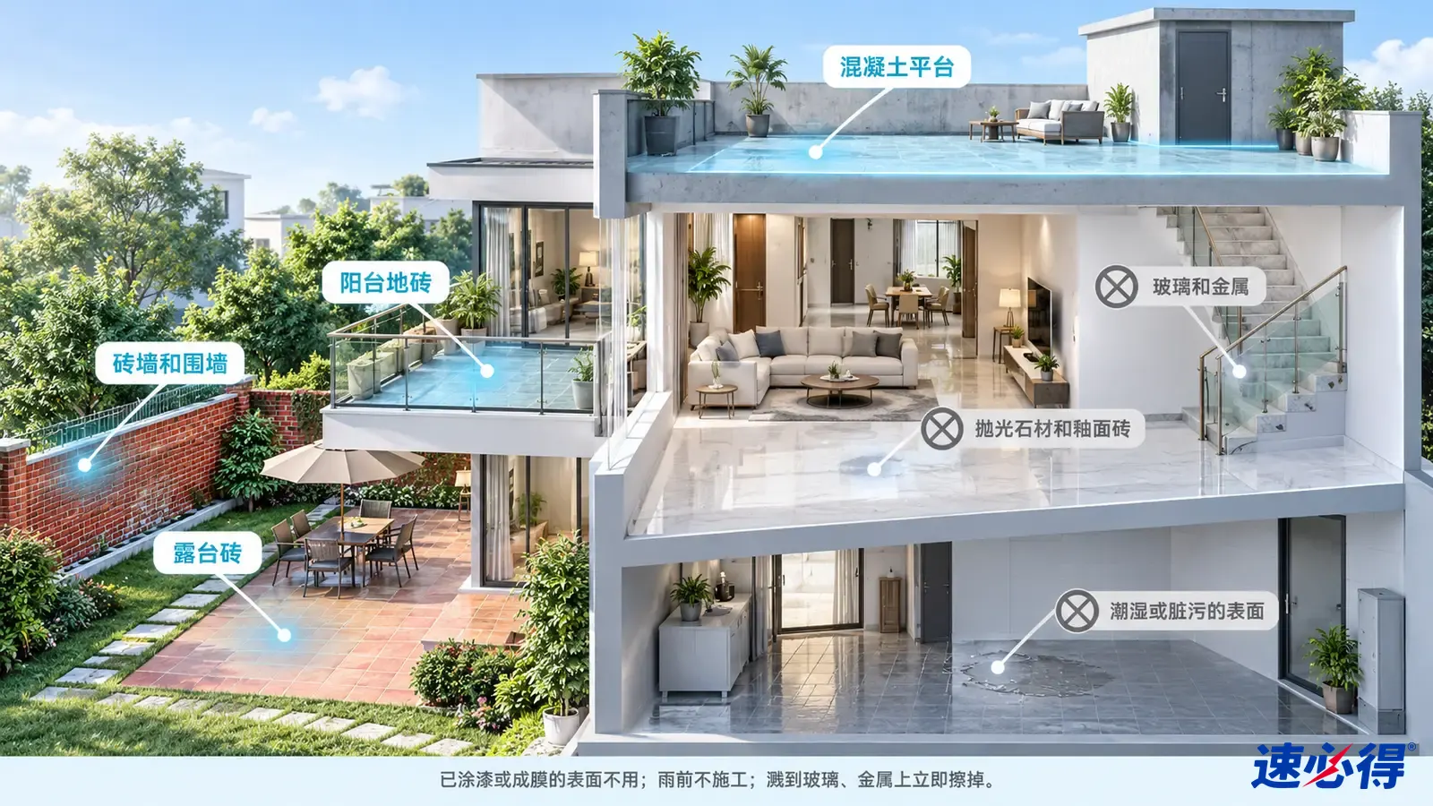 示意图:住宅露台、阳台和砖石墙被突出显示,旁列材质注意事项。