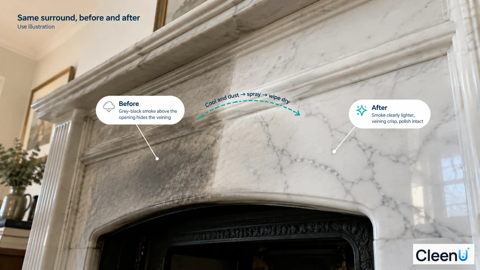 Illustration: Soot-stained and clearer veined stone fireplace areas; not a measured cleaning test.