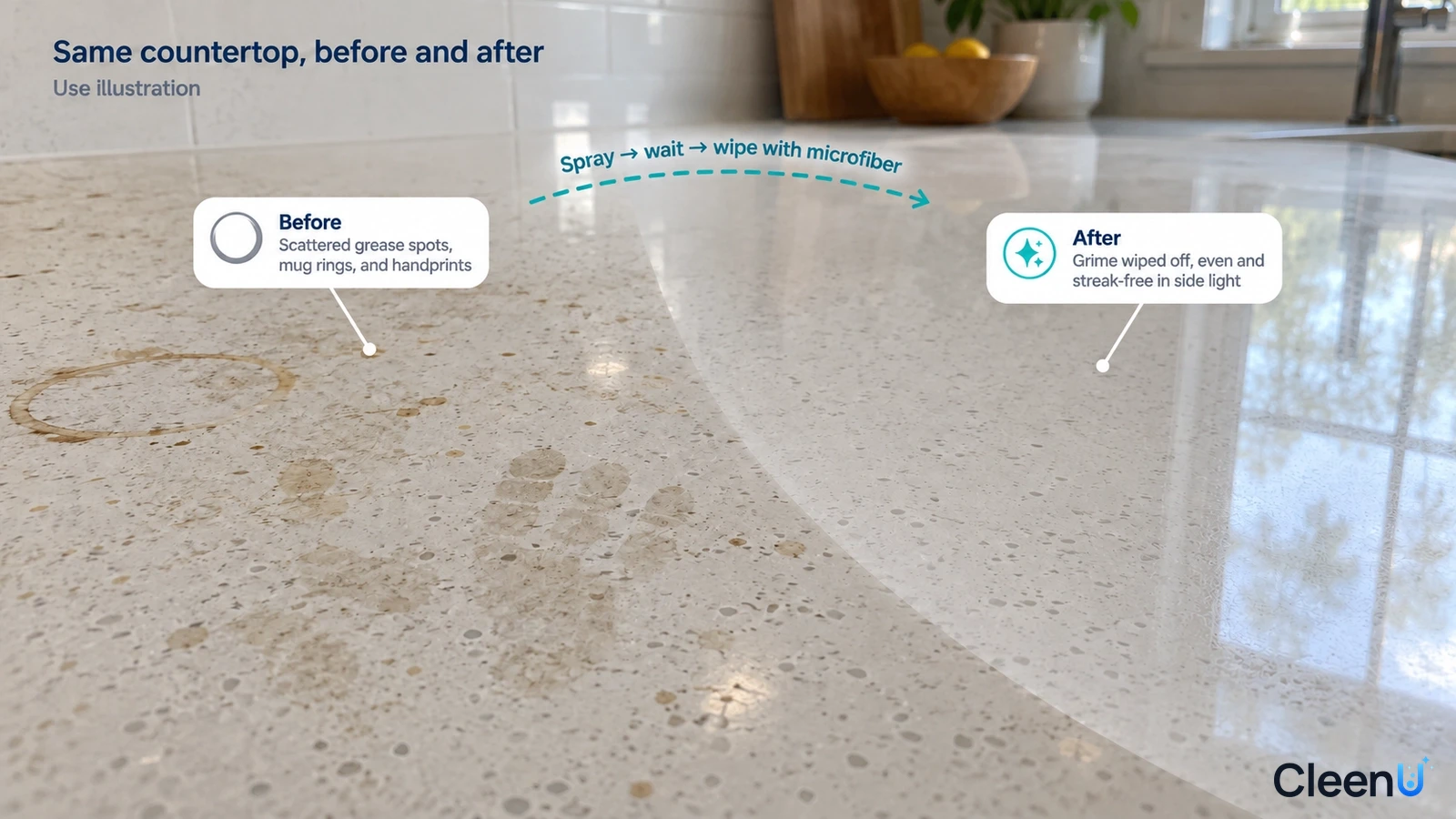 Illustration: Cup rings and grease spots beside a clearer countertop area; not a measured cleaning test.