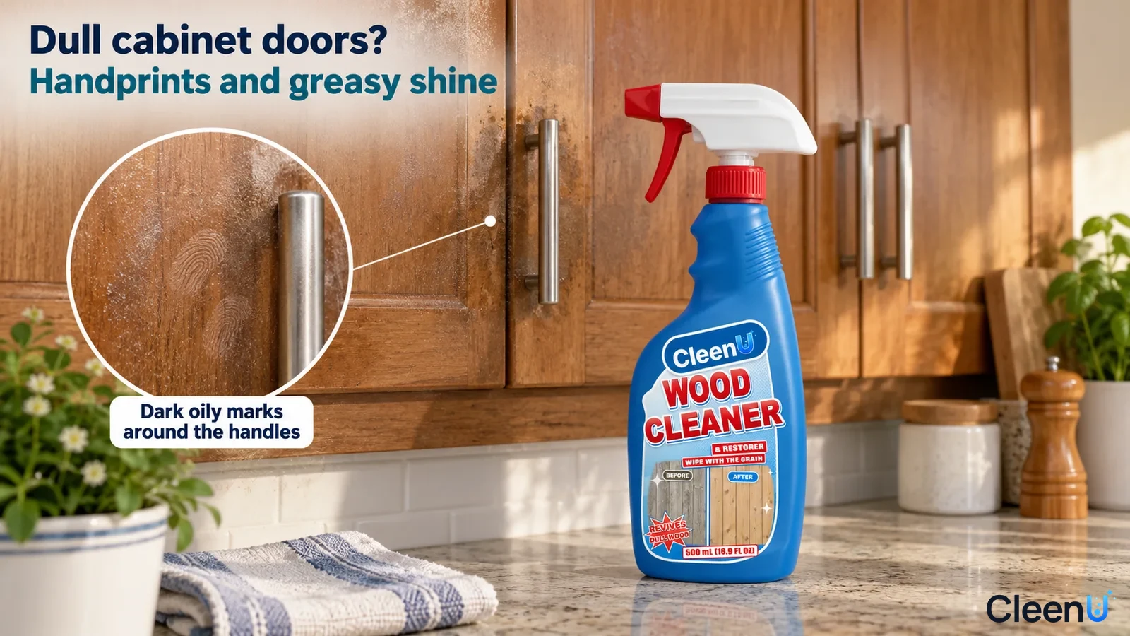 Illustration: Handprints and greasy shine around wooden cabinet handles beside a blue bottle on the counter.