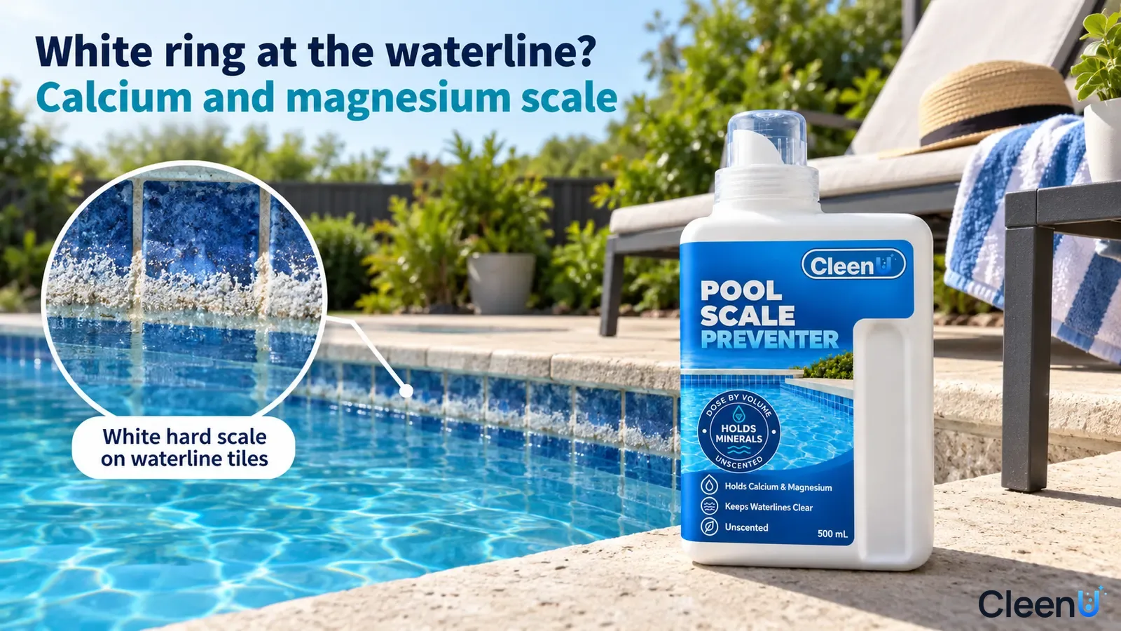 Illustration: White scale along blue pool waterline tiles beside a white scale-preventer bottle.