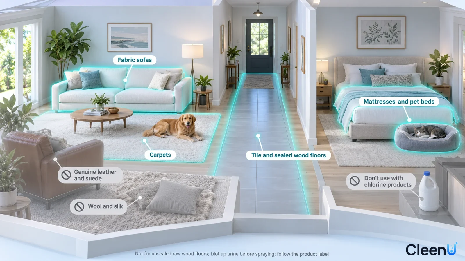 Illustration: Highlighted carpet, fabric sofa, mattress, pet bed and sealed floor beside material precautions.