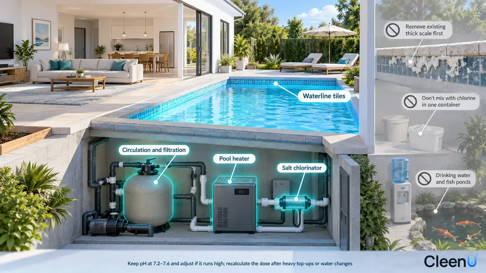 Illustration: Highlighted pool waterline and circulation equipment beside water-quality and equipment precautions.