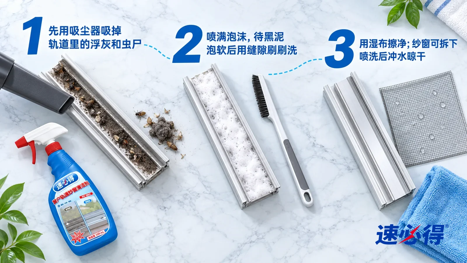 示意图：速必得窗户轨道纱窗清洁剂——① 一个吸尘器扁嘴吸头和一段积着黑泥的铝合金轨道样件，旁边一小撮吸出来的灰团和干虫尸；② 一段槽里填满白色细密泡沫的铝合金轨道样件和一把细长