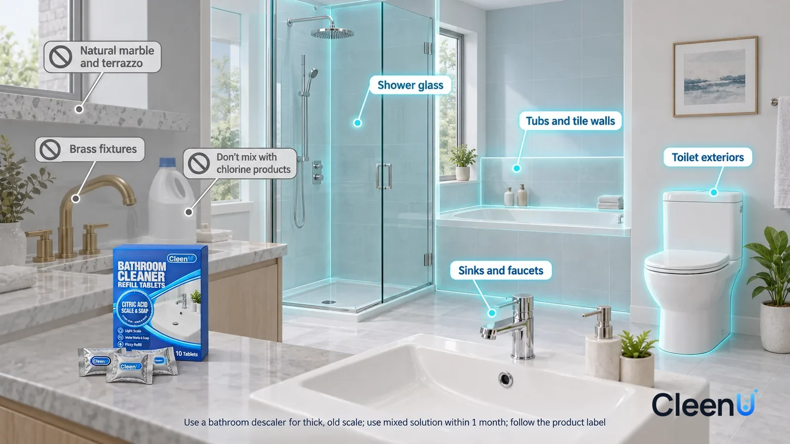 Illustration: CleenU Bathroom Cleaner Refill Tablets — A realistic 3D cutaway of a bright home's main bathroom and guest bathroom, one continuous space from one viewpoint: the sink and faucet