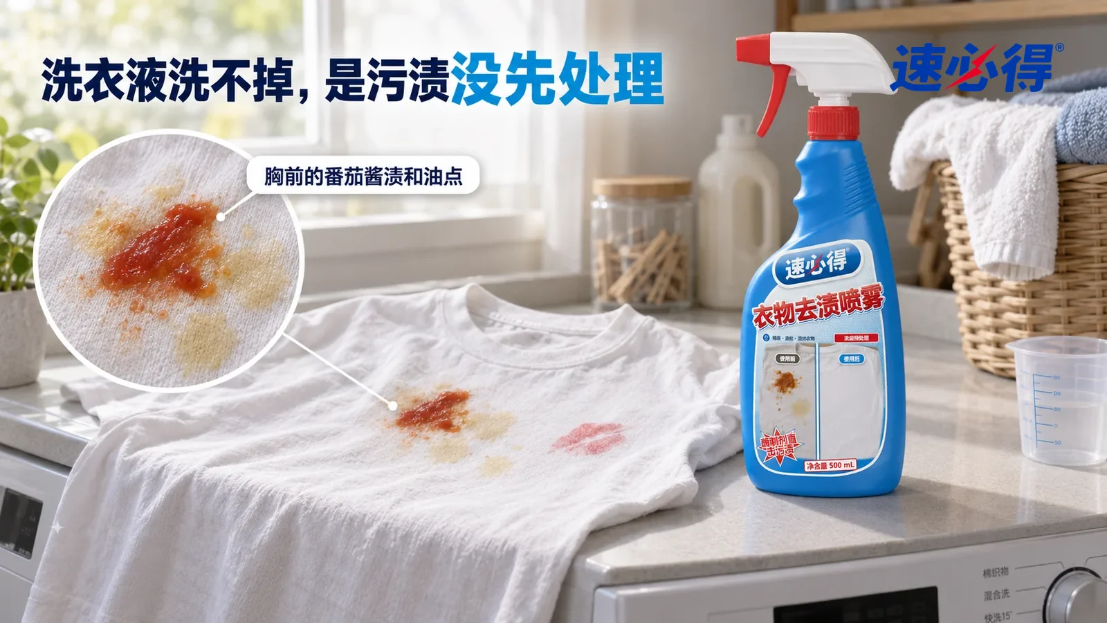 示意图：速必得衣物去渍喷雾——一个家常洗衣间，一件白色棉 T 恤摊在洗衣机上方的台面上，窗光侧照下胸前一块番茄酱渍