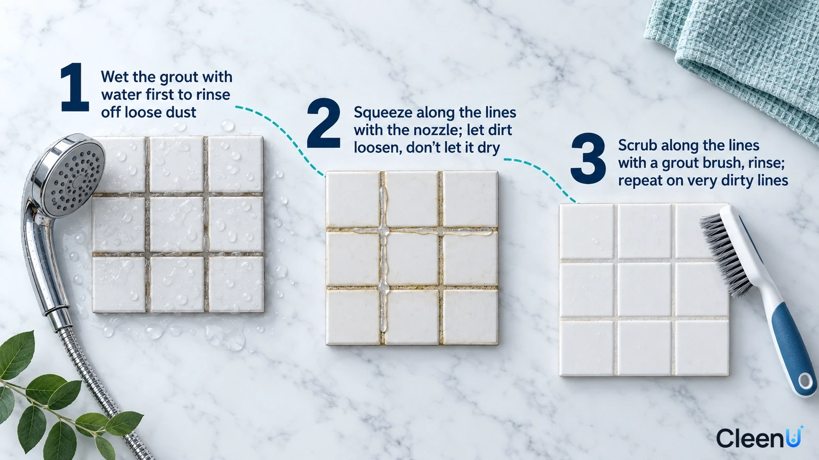 Illustration: A shower head, tile samples with different grout conditions and small brush with numbered steps.