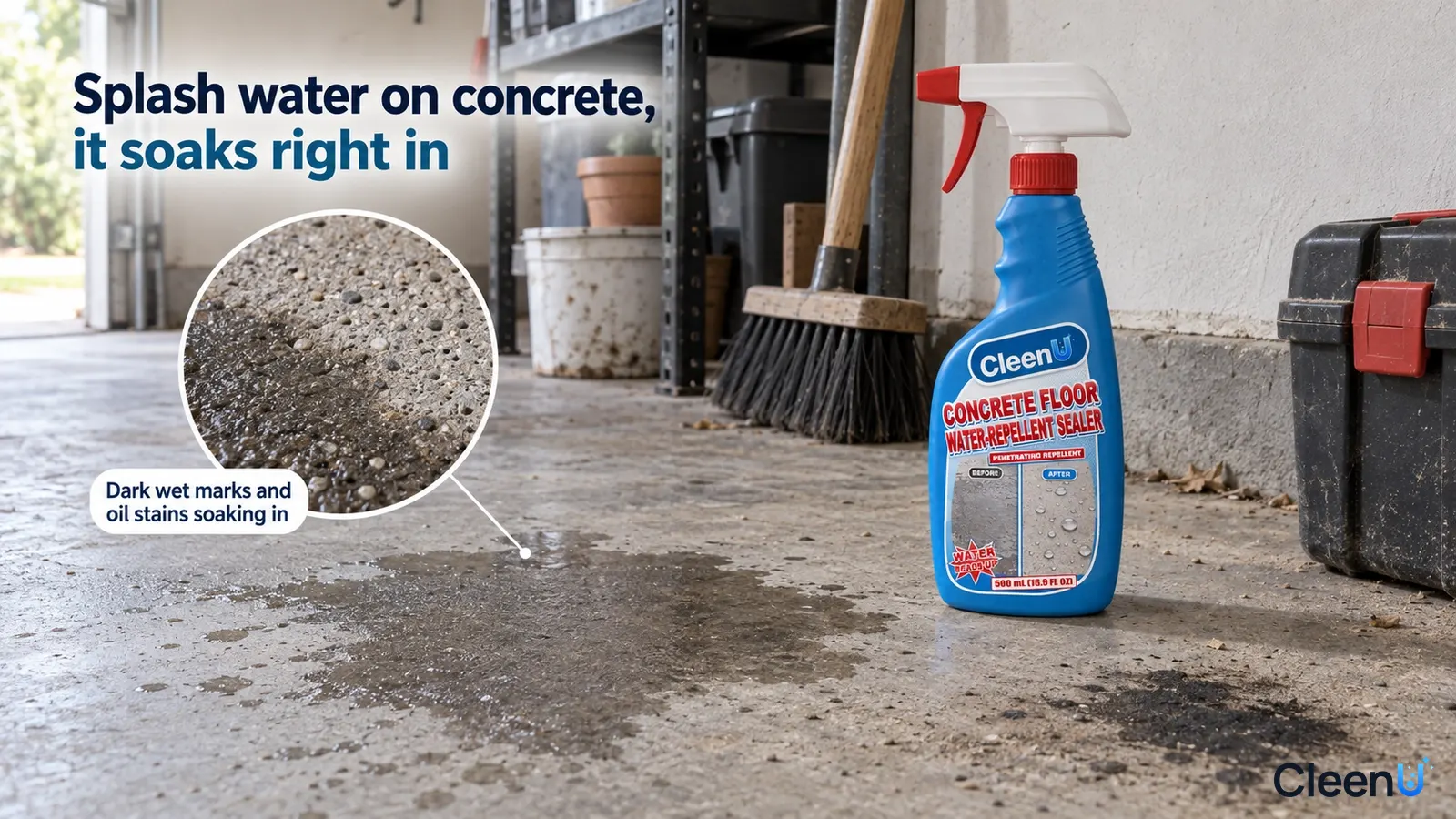 Illustration: Dark wet patches on a concrete garage floor beside a blue sealer bottle.