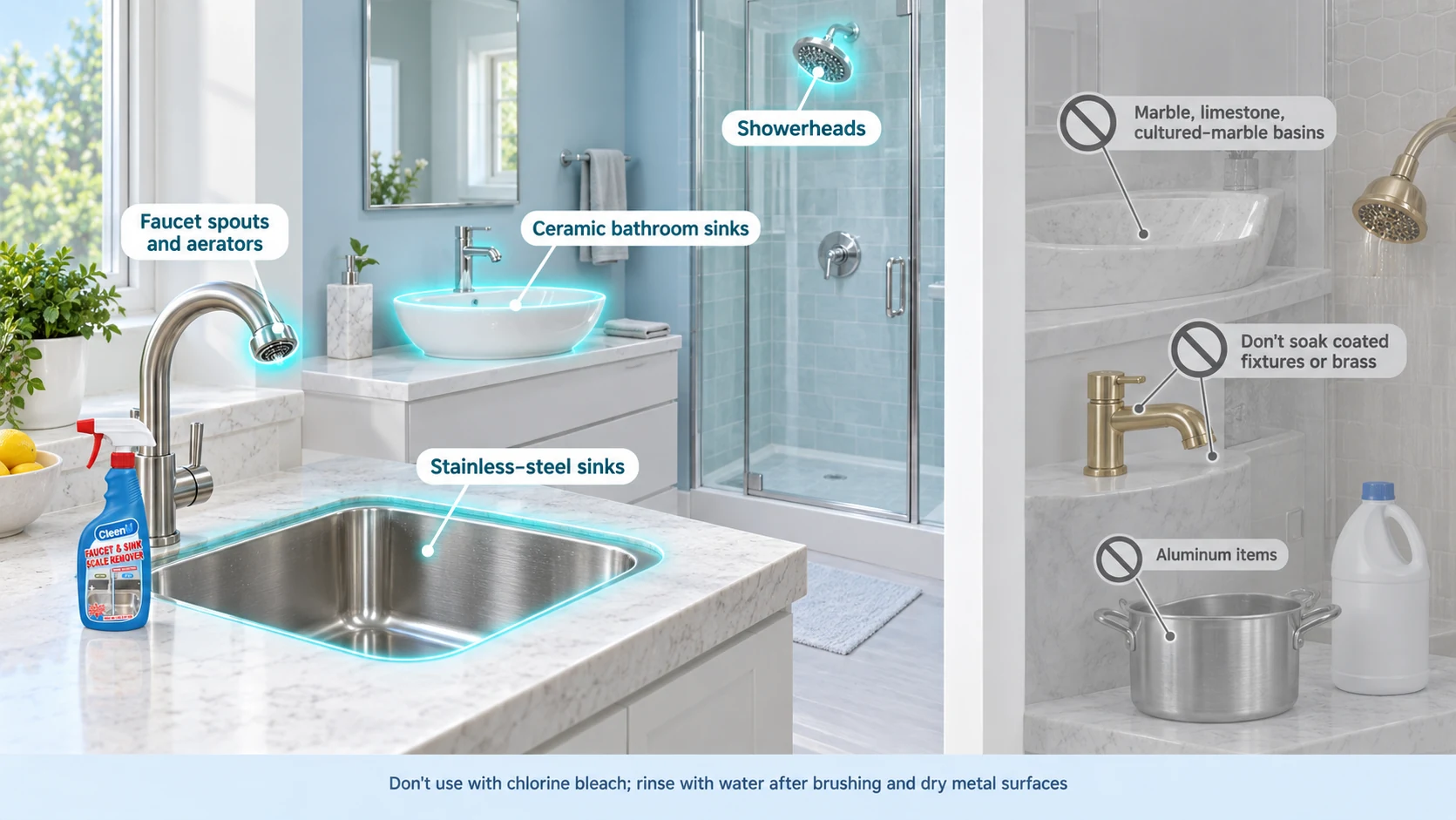 Illustration: Highlighted faucets, sinks, basin and showerhead beside material precautions.