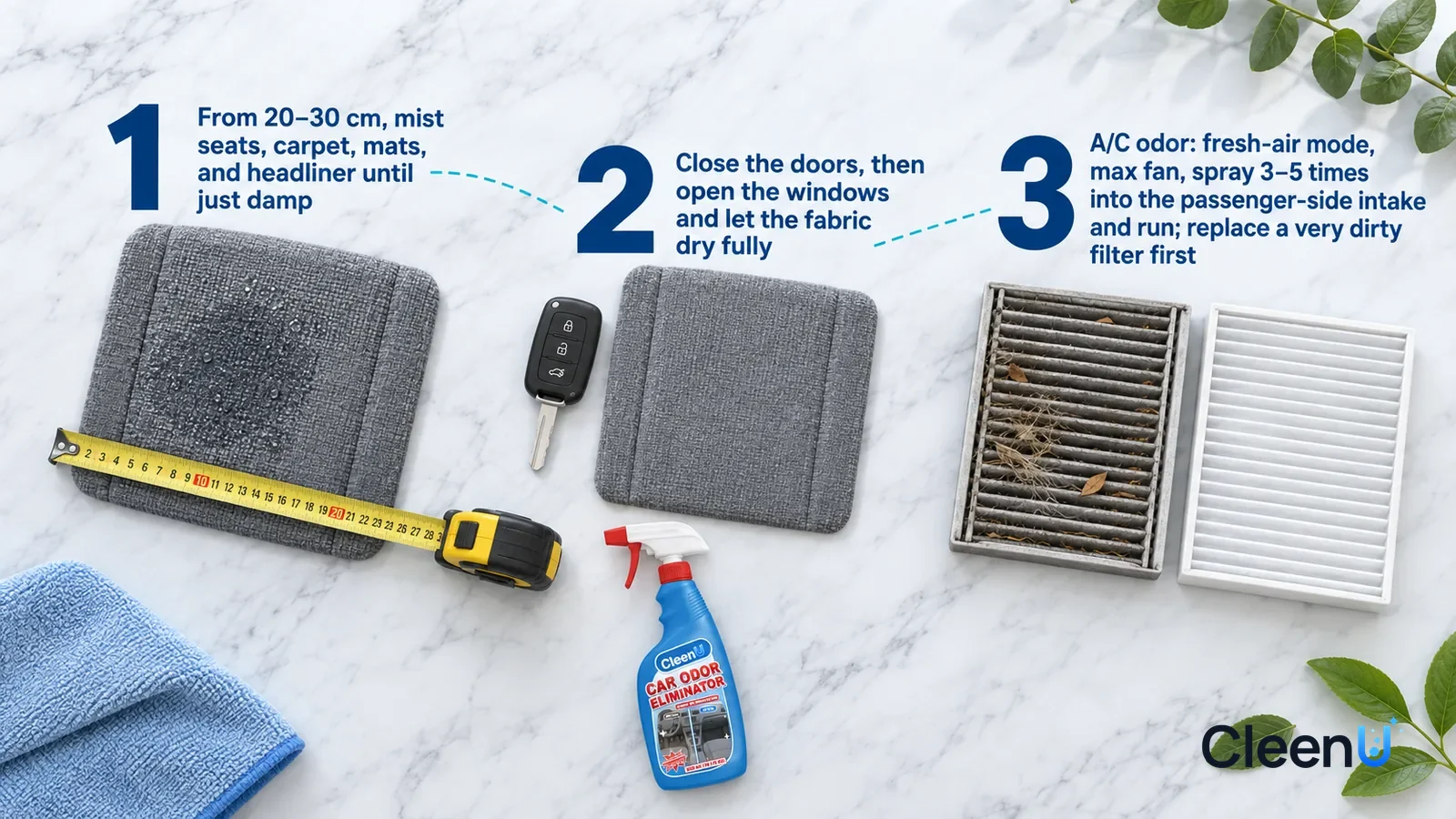Illustration: CleenU Car Odor Eliminator — an overhead shot straight down onto a light marble tabletop, no bottle and no hands: (1) a grey seat-fabric swatch with a slightly damp surf