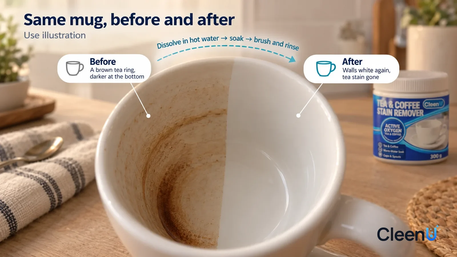 Illustration: CleenU Tea & Coffee Stain Remover — A full-screen low-angle close-up looking into a white ceramic mug from the rim, same window light
